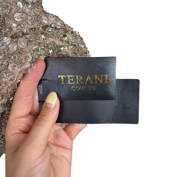 Terani Couture NEW Tan Sheer Mesh Rhinestone Sequin Beaded Mini Formal Dress - Picture 14 of 16